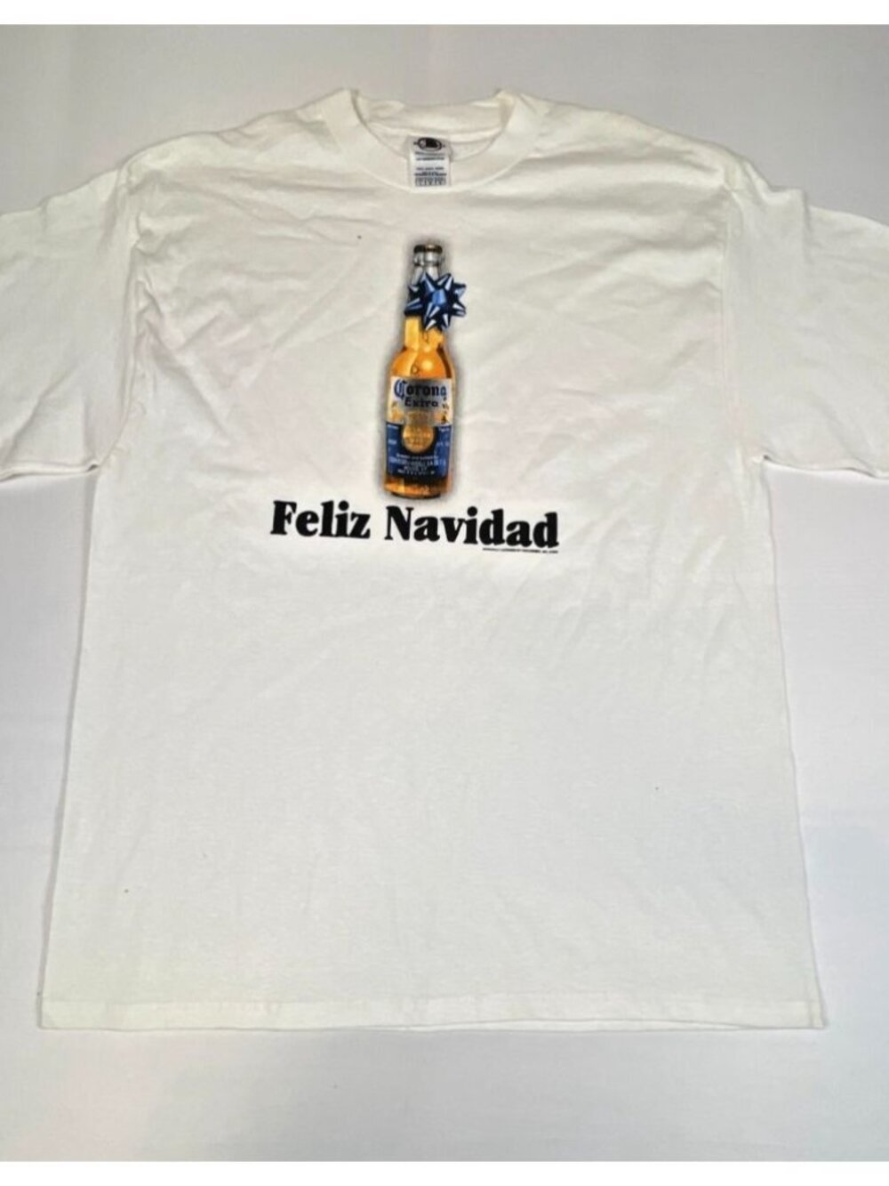 Corona Extra Vintage Men Large White Feliz Navidad Beer Bottle Graphic T-Shirt